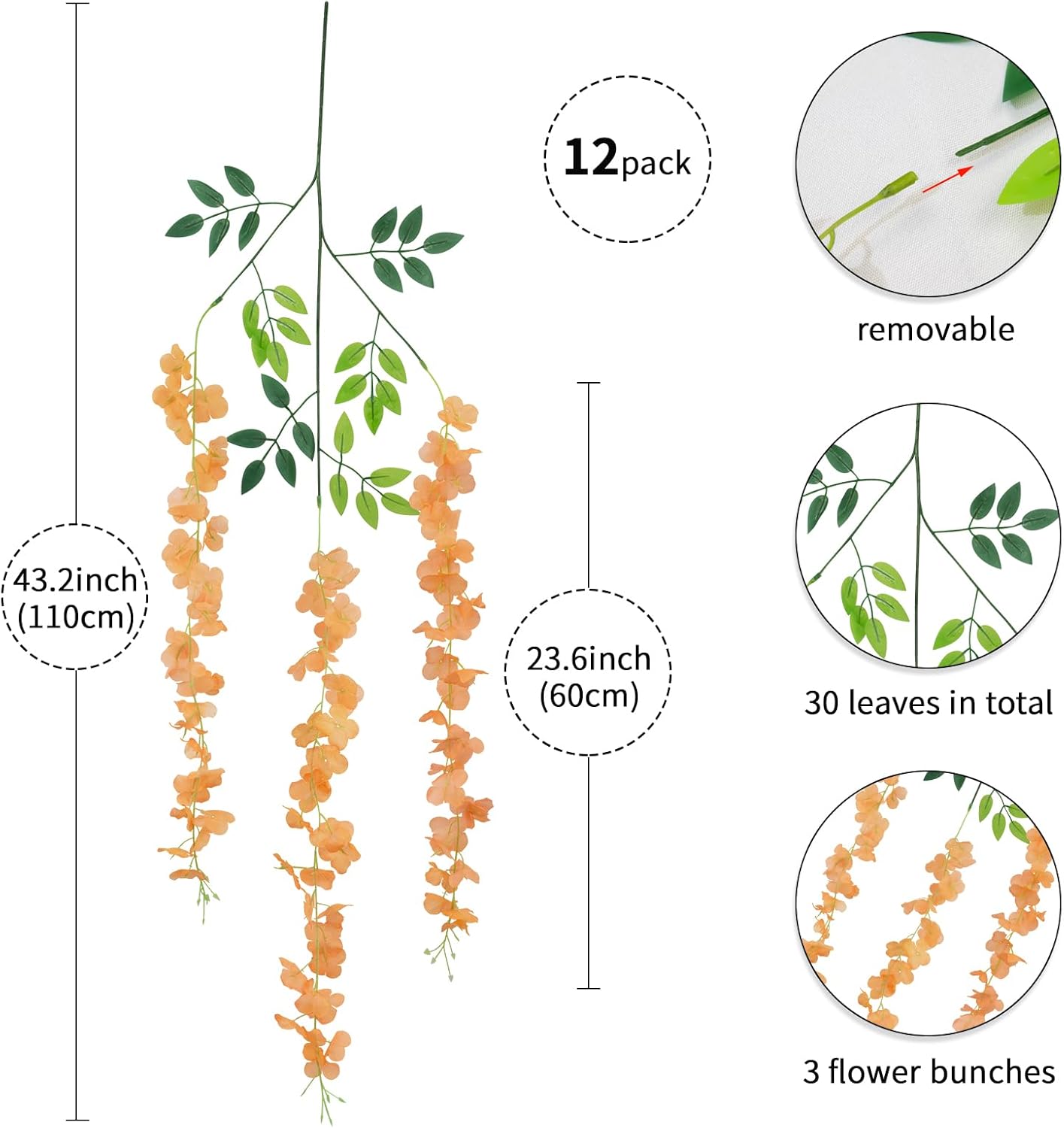 12 Pack Wisteria Hanging Artificial Fall Flowers Fake Flowers Ratta Hanging Garland Silk Flowers String for Home Garden Party Wedding Backdrop Arch Decor (Orange)