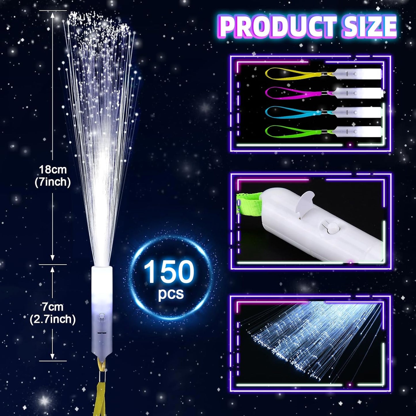 150 PCS White Fiber Optic Sticks, Glow Wands & Light Up Wands for Kids, Fiber Optic Wand with 3 Light Modes, Glow in The Dark Party Supplies, Wedding Party Supplies, for Wedding, New Year, Birthday