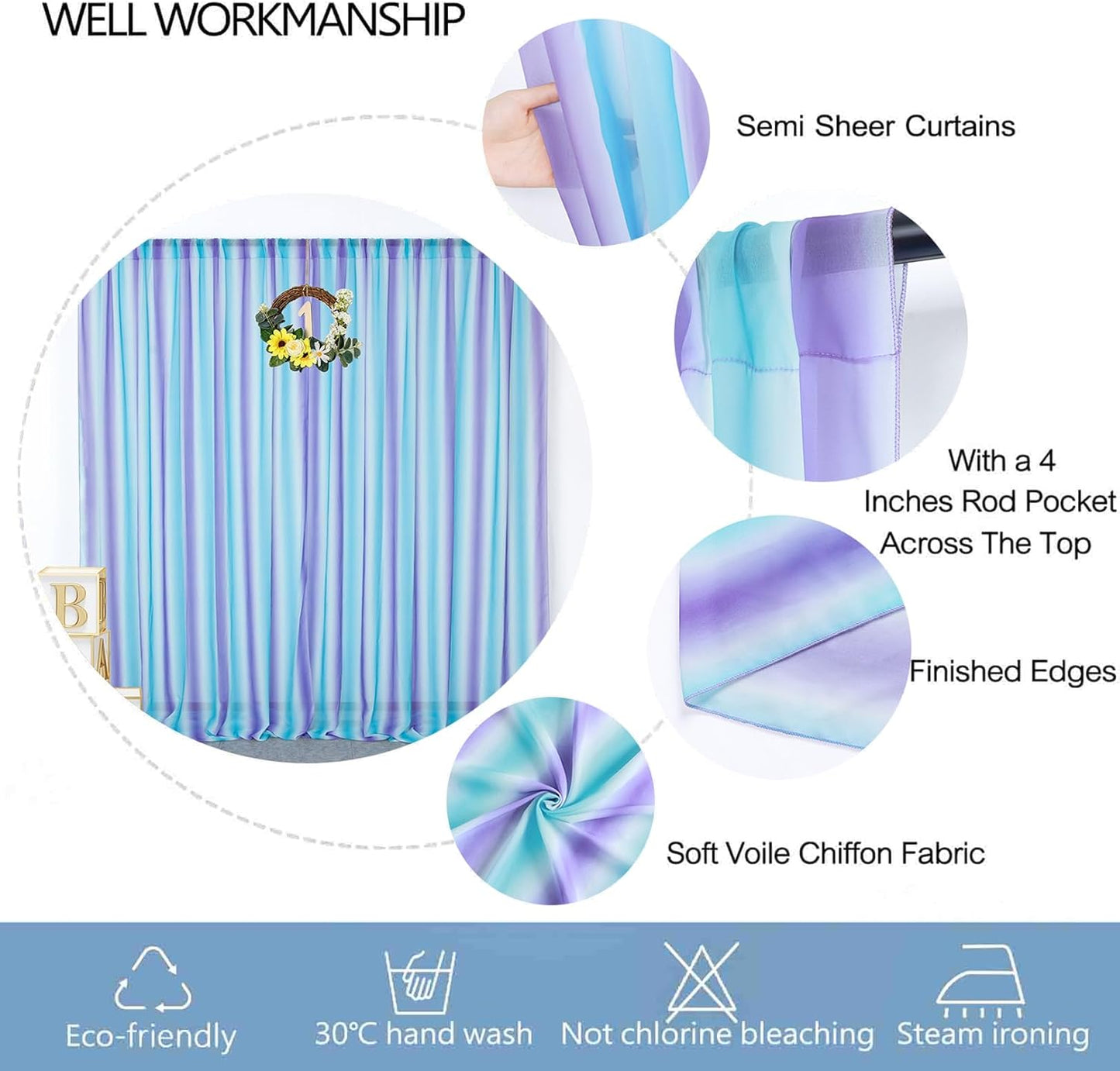 DUOBAO 2-Pack Mermaid-Inspired Chiffon Curtain Panels - Long Ombre Aqua Turquoise Teal Lilac Purple Sheer Voile for Girls' Bedroom & Living Room Windows, Each 58"" W x 120"" L