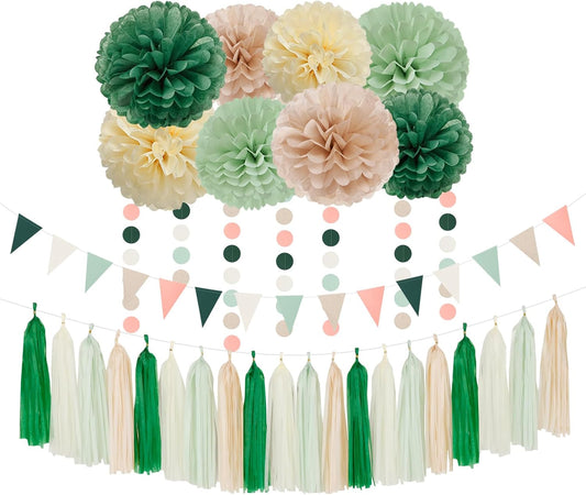 Olive-Sage Green Champagne-Gold Party Decorations - 23pcs Rustic Wedding Tissue Pom Poms Streamers, Boho Bachelorette Neutral Baby Shower Birthday Bridal Decor Ouruola