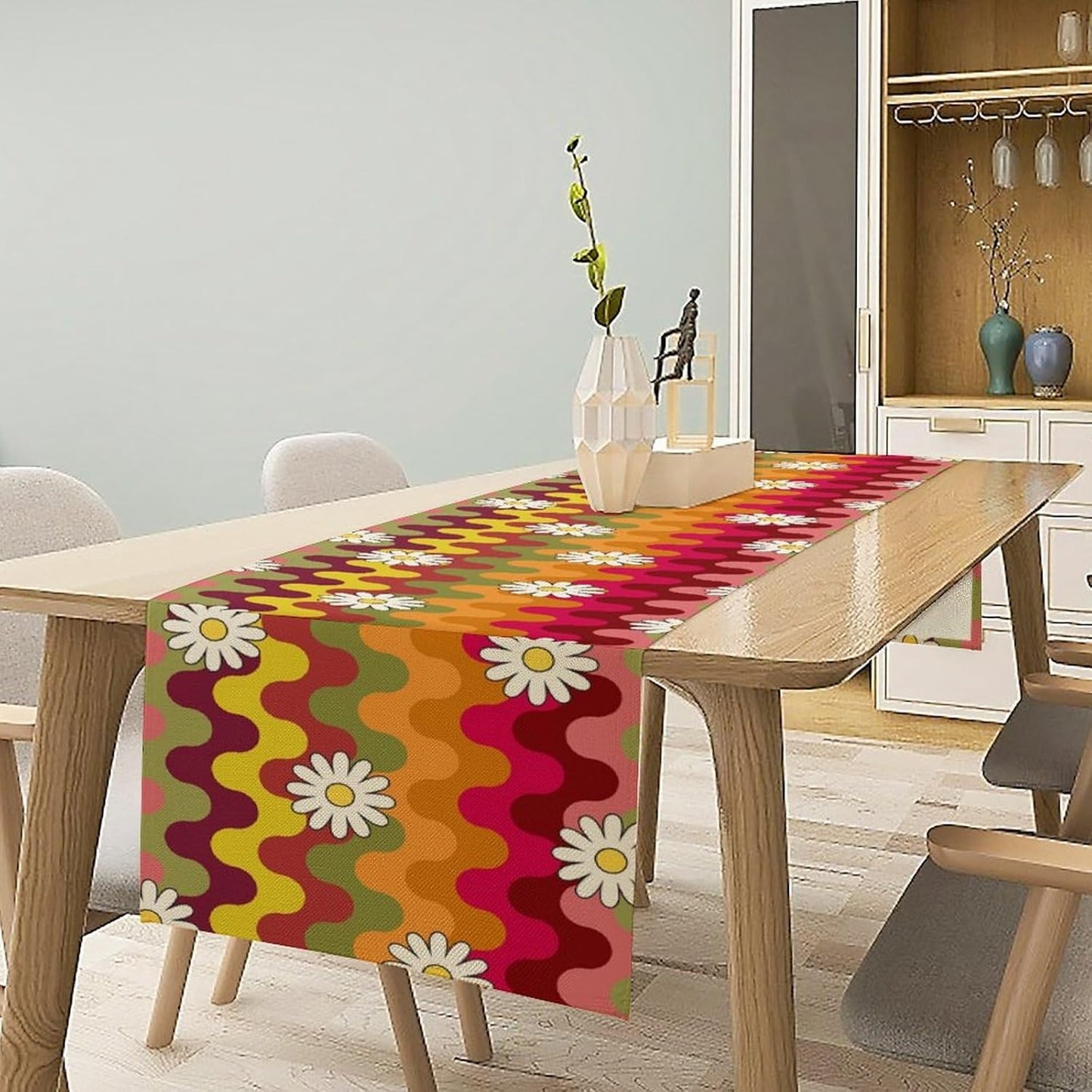 Vintage Floral Table Runner,60s 70s Colorful Retro Abstract Hippie Print Table Runner for Kitchen Dining Table Home Party Decoration 13x60 Inch