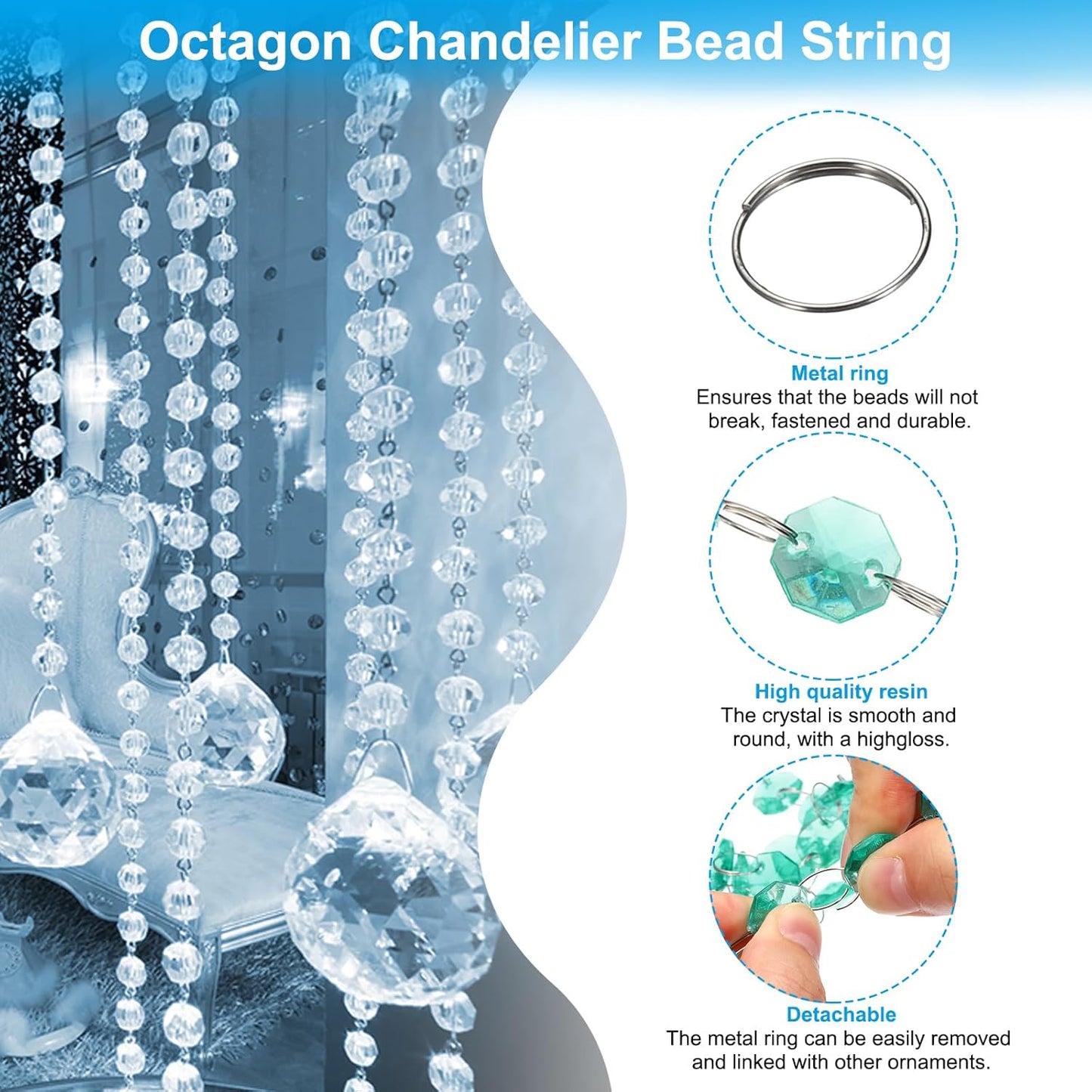 PATIKIL 14 mm Crystal Garland Strands, 98.4 Ft Acrylic Octagon Chandelier Bead Chains String for DIY Craft Wedding Party Home Decorative Jewelry Making, Blue