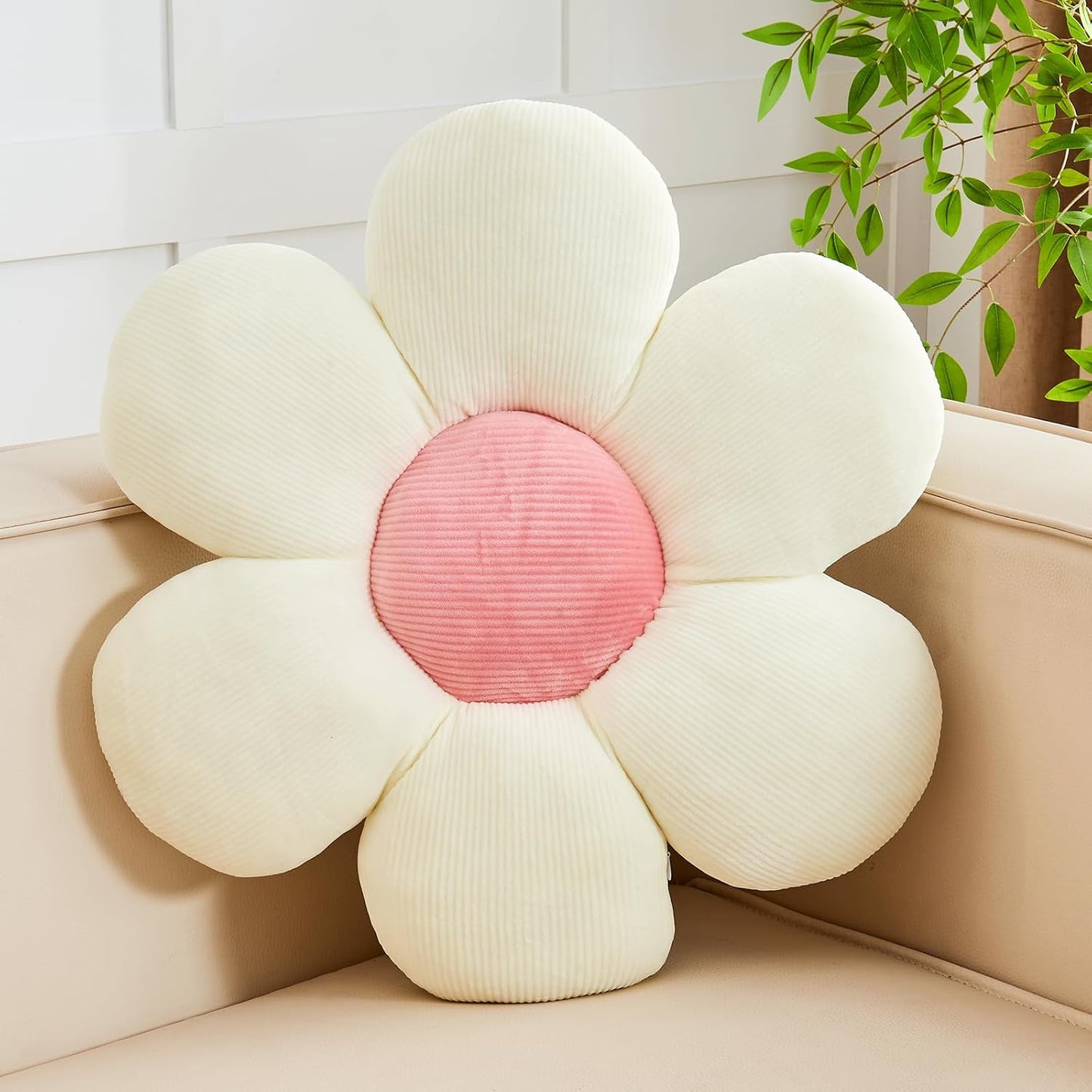 White Pink Flower Pillow, 14.9" Cute Flower Shaped Floor Pillow, Aesthetic Floral Plush Daisy Decorative Throw Pillows for Bed Sofa Couch
