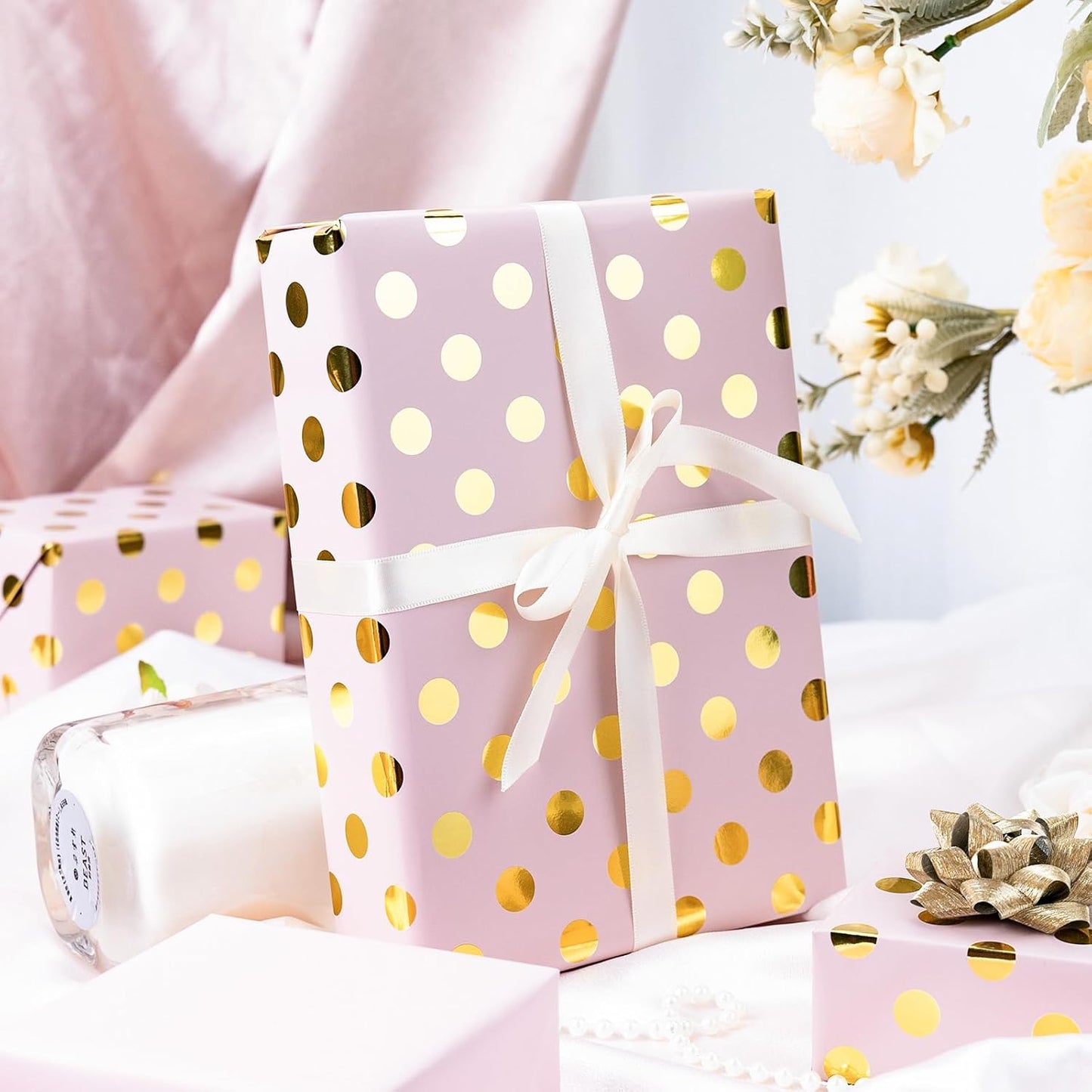 Burymento Pink and Gold Dots Wrapping Paper, Reversible Pink Gift Wrap for Birthday, Valentines, Mothers day, Graduation, Wedding, Fathers day, Baby Shower, Christmas (17in x 32.8ft)