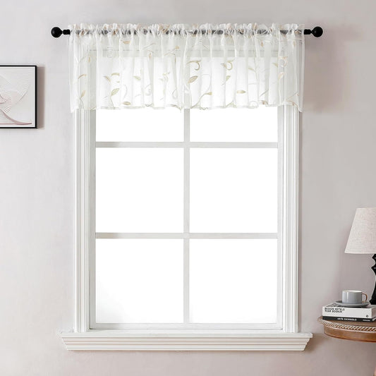 VISIONTEX Sheer Voile Curtain Valances, Decorative Leaves Embroidered, Rod Pocket Window Treatment for Kitchen/Rustic Bedroom/Living Room (54 x 16 Inch,1 Panel)