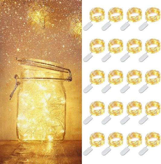 MUMUXI 20 Pack 3.3ft Fairy Lights Battery Operated String Lights, Mini LEDs Powered, Waterproof Indoor Silver Wire Firefly Mason Jars, Warm White for Home Decor, Parties, and Weddings