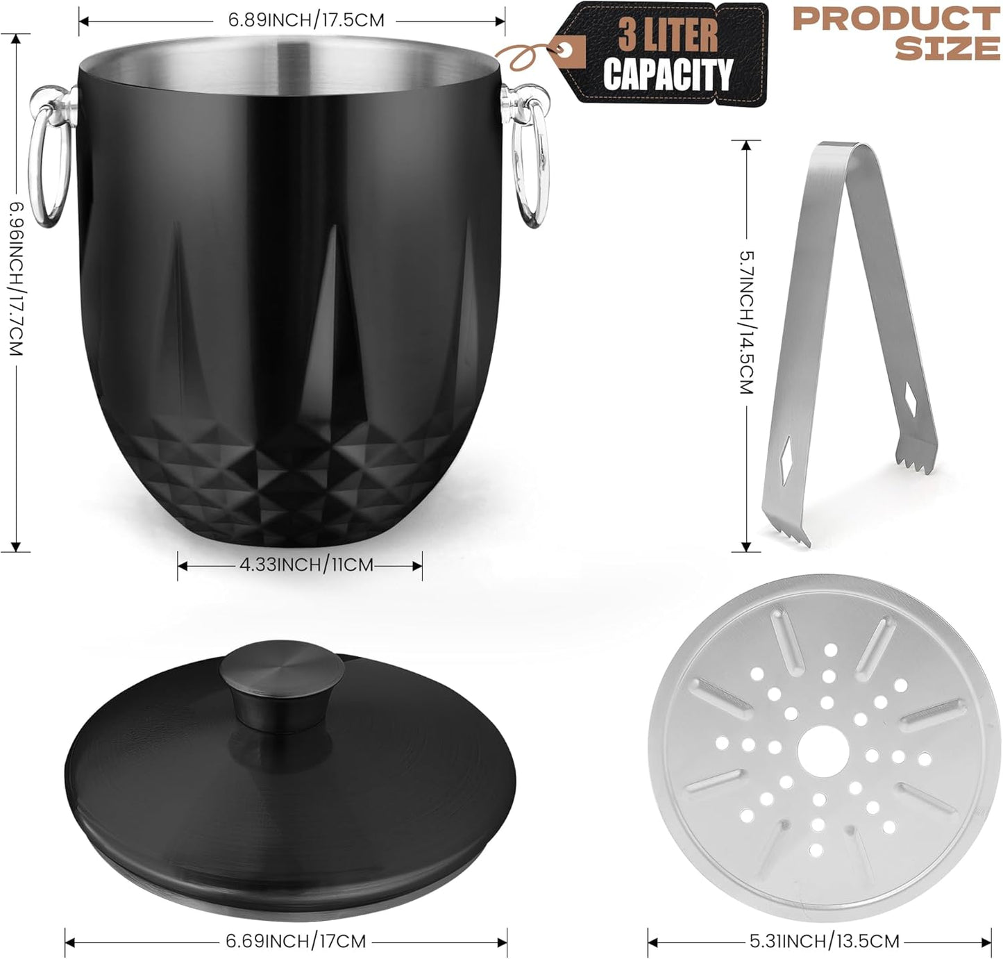 3L Ice Buckets for Parties and Cocktail Bar with Stainless Steel Lid,Tongs & Strainer(Black) Double-Wall Insulated Metal Ice Bucket Keep Ice Frozen Longer for Outdoor Champagne Ice Container Bin