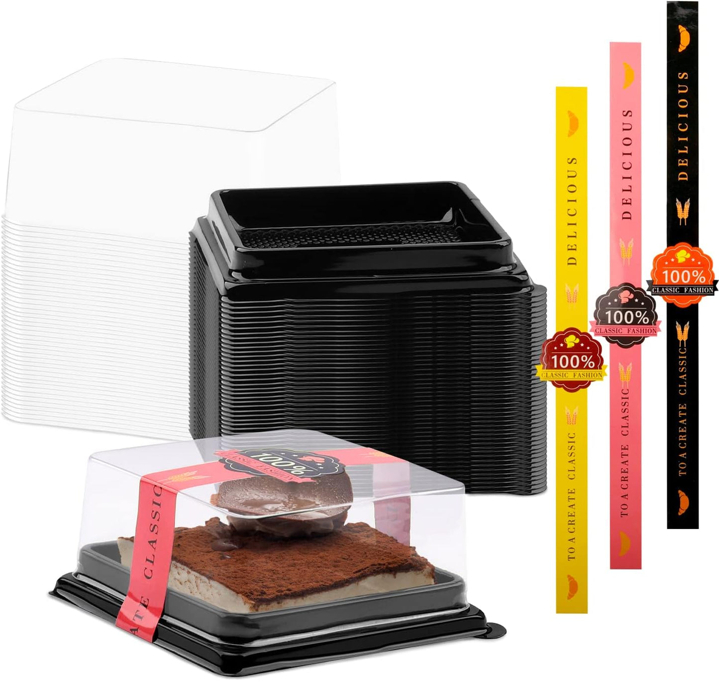 50 Pcs 3.5 Inch Mini Cake Containers - Clear Plastic Cupcake & Muffin Dessert Holders - Mooncake & Cookie Boxes - Wedding & Birthday Gift Box Set With 50 Pcs Stickers