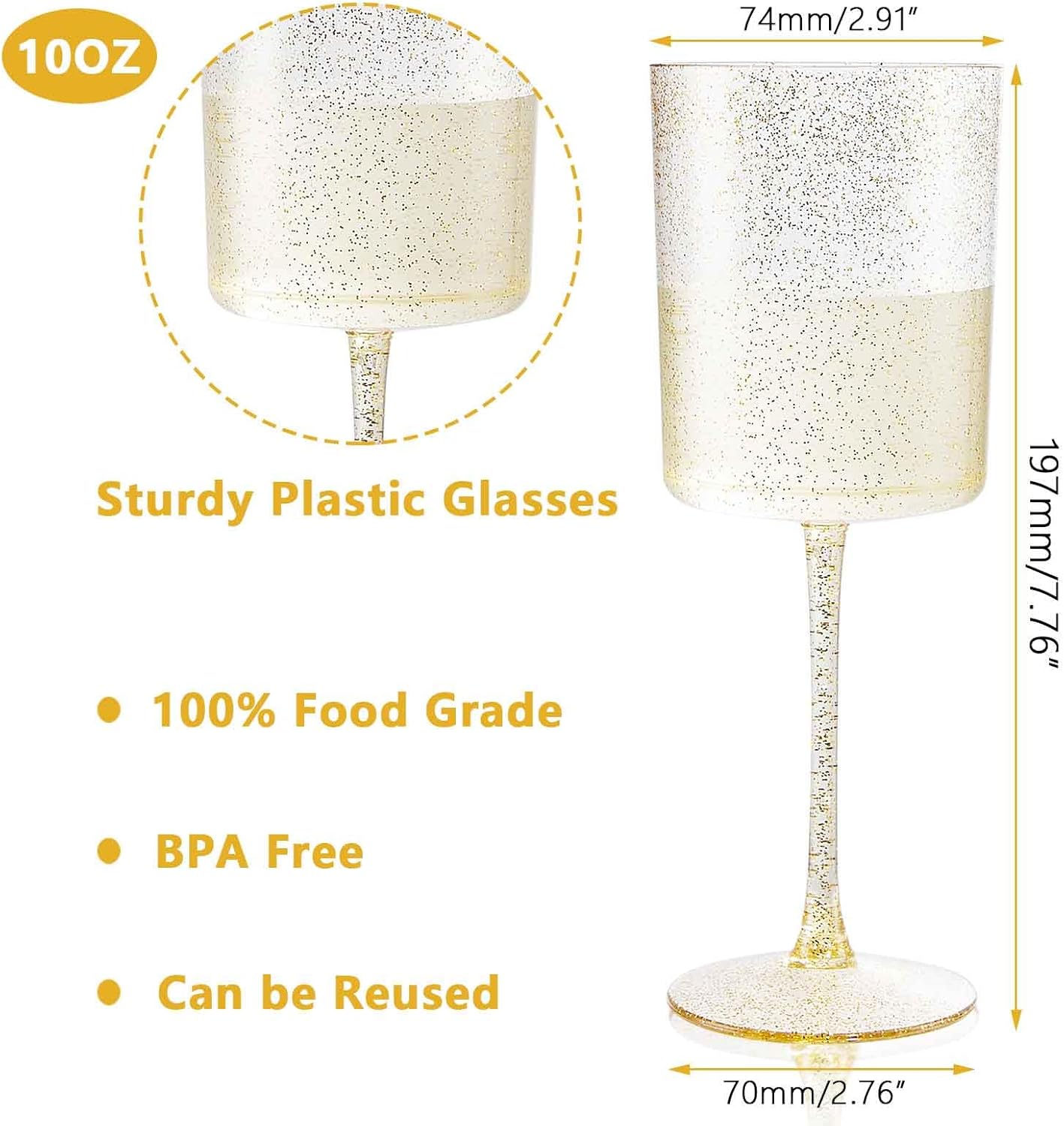 Ciaell 6 Pack Gold Plastic Wine Glasses - 10 Oz Disposable Glasse with Stem - Disposable Wine Glasses Perfect for Parties & Weddings & Poolside & Outdoors & Camping & Thanksgiving