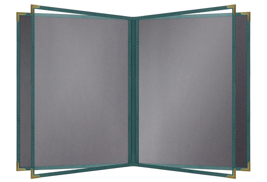 Goodsmart Pajco Style Restaurant Menu Covers – Pack of 10, Side-Loading Menu Holders, Single Stitched Edge, Clear Vinyl Menu Sleeves, Leatherette Trim, Gold Corners, Green, 6 View (8.5" x 11")