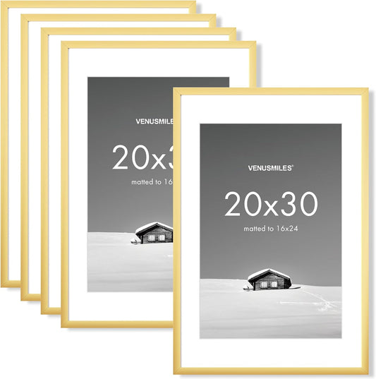 20x30 inch Picture Frame, 20x30 Photo Frames with 16x24 Removable Mat - High Definition Plexiglass - Vertical and Horizontal Display - Wall Hanging Poster Frame - Gold, 5 Pack