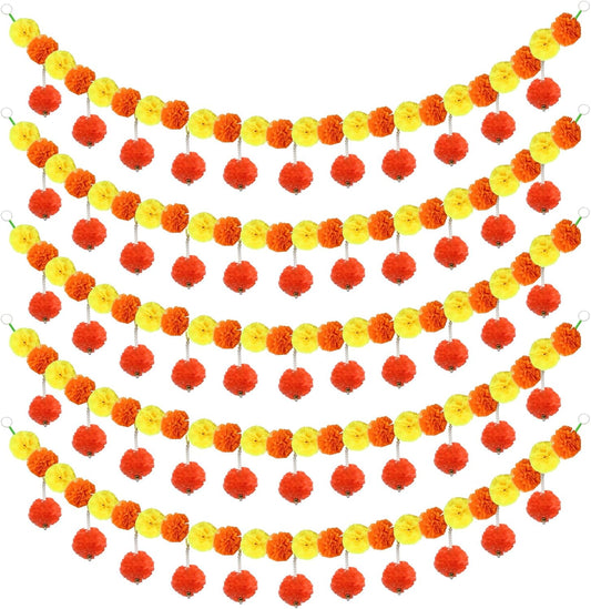 5 Pcs Diwali Artificial Marigold Garland with Pearls Decor, 4.5 Feet Artificial Marigold Flowers for Indian Pooja Diwali Home Mantle Decor Long Strands for All Year Decoration (Yellow＆Orange&Red)