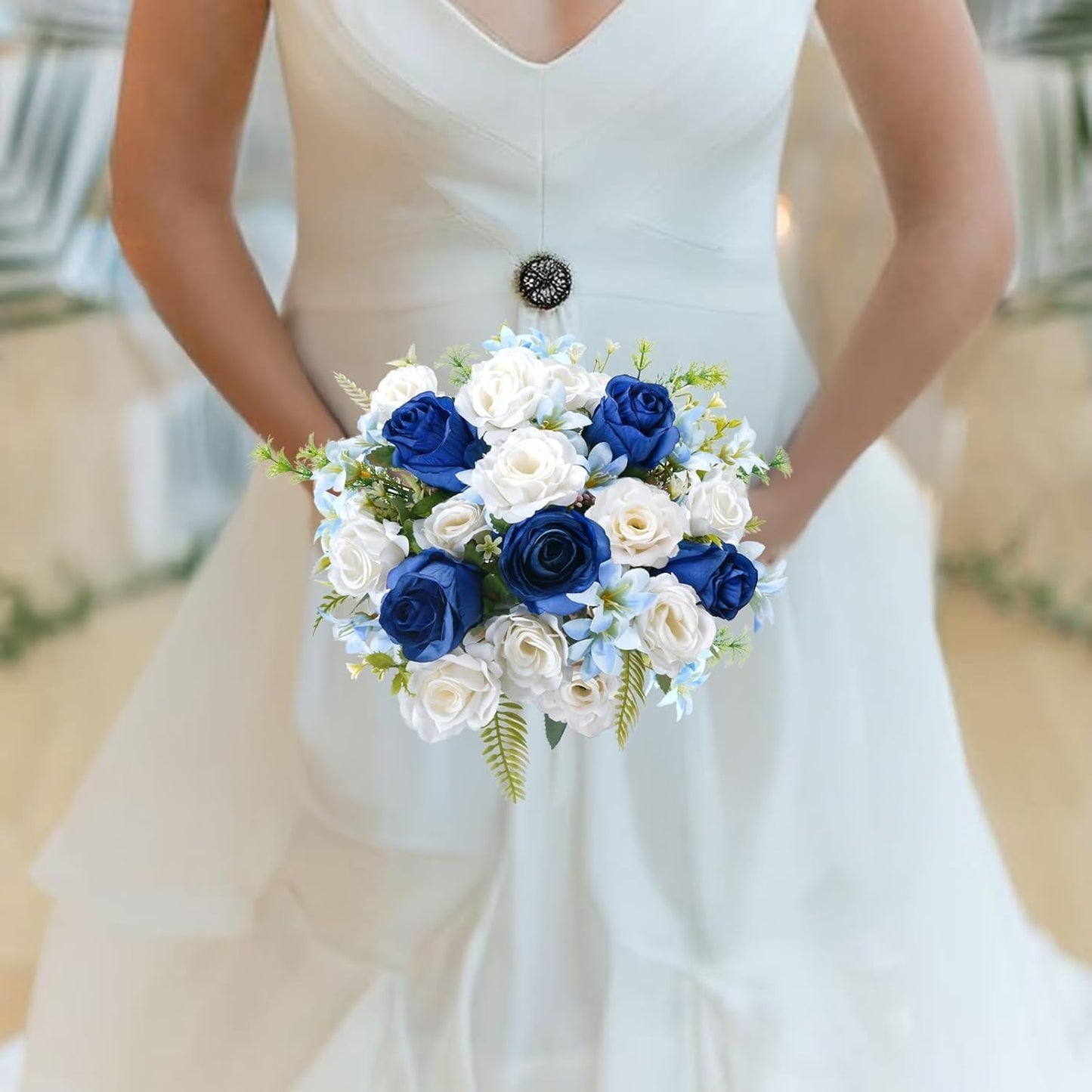 14" Fake Flower Bouquets Artificial Silk Rose Flowers Picks Decorations Faux White Blue Roses Floral Flower for Wedding Bride Spring Summer Table Centerpieces Home Kitchen Decor