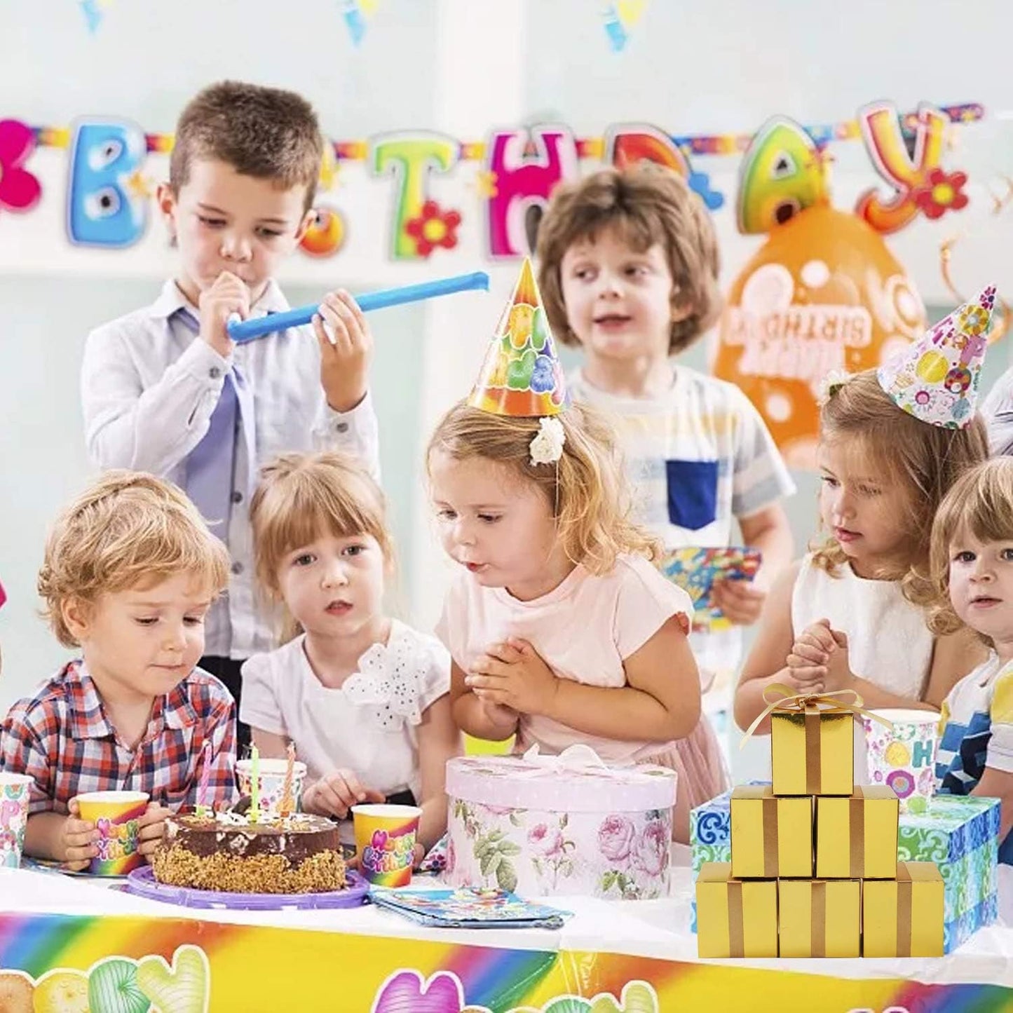 COTOPHER 100pcs Wedding Favor Boxes, Paper Gift Boxes 3x3x3 Inches Small Gift Boxes with Ribbons Small Boxes for Gifts, Crafting, Cupcake, Candy, Bridesmaid Proposal Boxes (Metallic Gold)