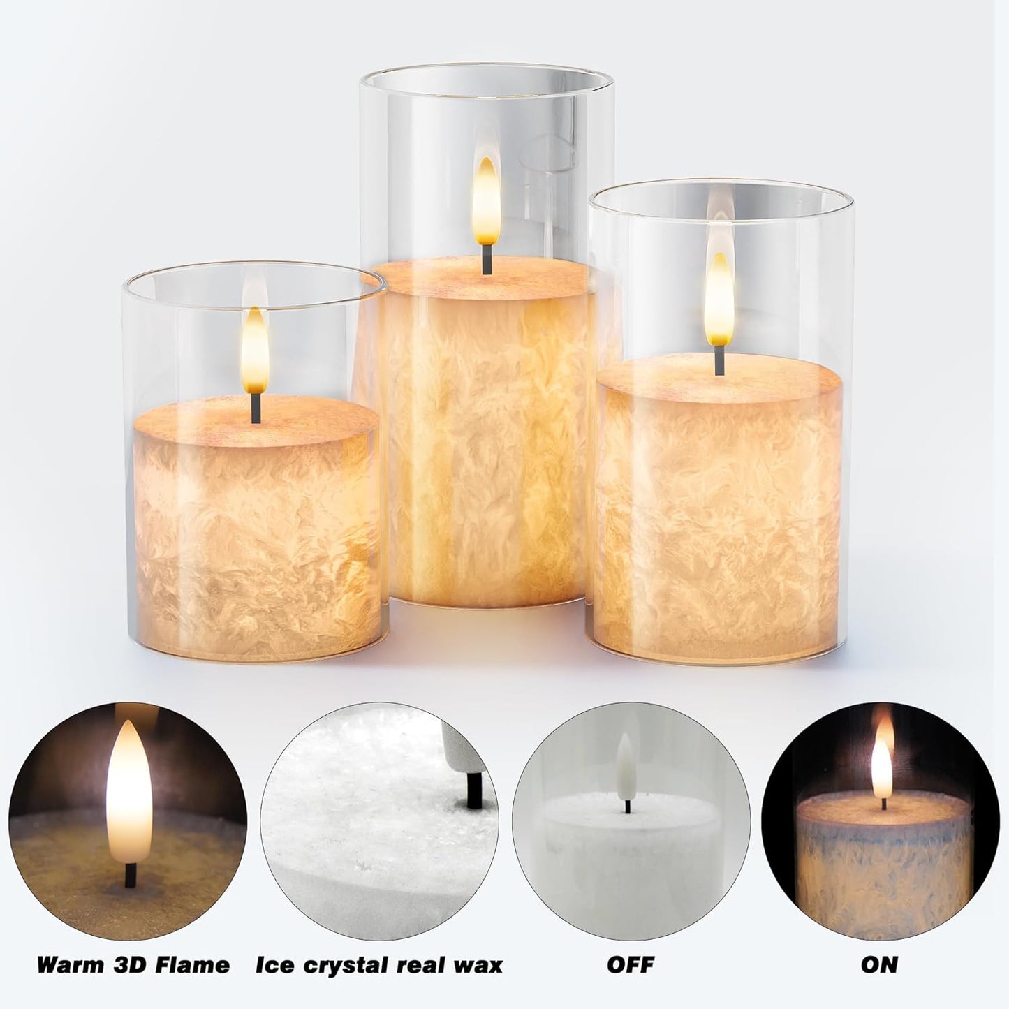 Ice Crystal Real Wax Glass Flameless Candles with Remote & Timer, Battery Operated Candles with Warm Flickering Flame, Realistic LED Candle for Wedding Home Decor [D3×H4/5"/6"] Clear, 3Pack