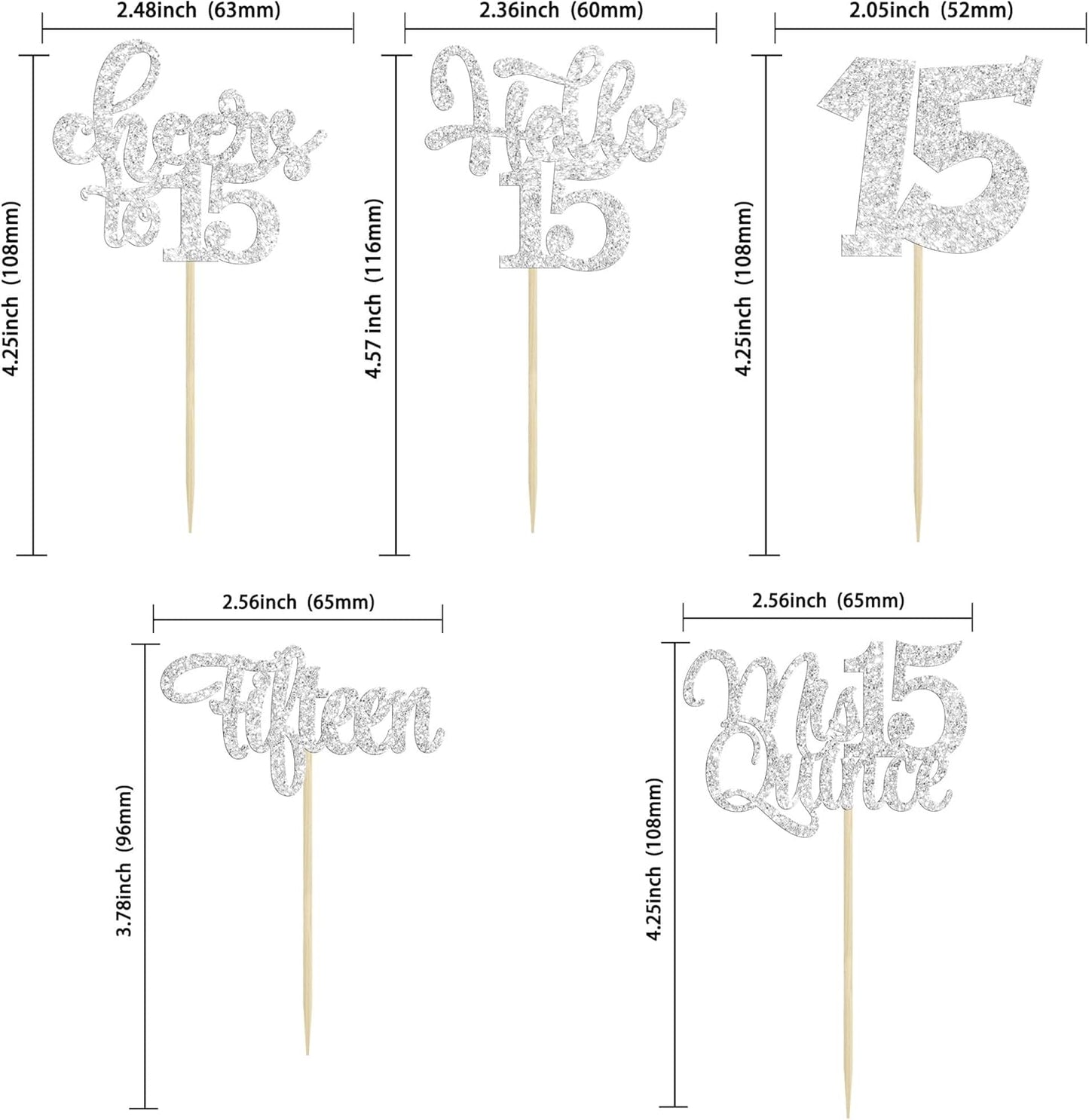 30Pcs 15th Birthday Cupcake Toppers Fifteen Cupcake Picks Cheers to 15 Years Old Mis Quince 15 Cake Decorations for 15th Birthday Anniversary Party Silver Glitter