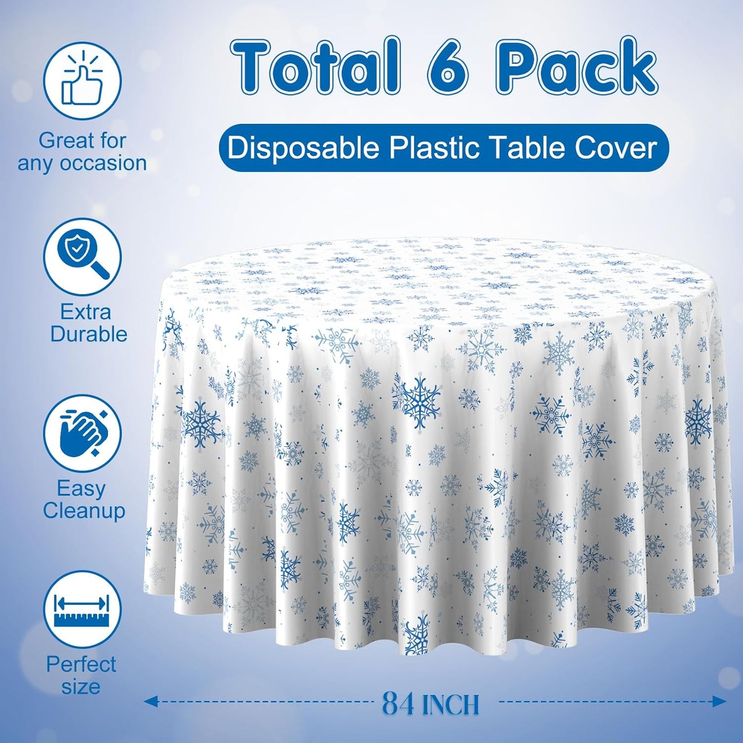 6 Pieces Christmas Snowflake Plastic Party Tablecloth Decorations,Disposable Blue Snowflake White Xmas Round Table Cover Backdrop for Winter Christmas Holiday Party Supplies,84 inch (Blue White)