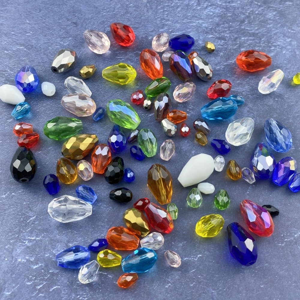 100pcs 8x12mm Teardrop Crystal Glass Beads Vertical Hole Faceted Glass Teardrop Spacer Beads for Bracelets Necklace Earring DIY Jewelry Making Craft(Lake Blue)