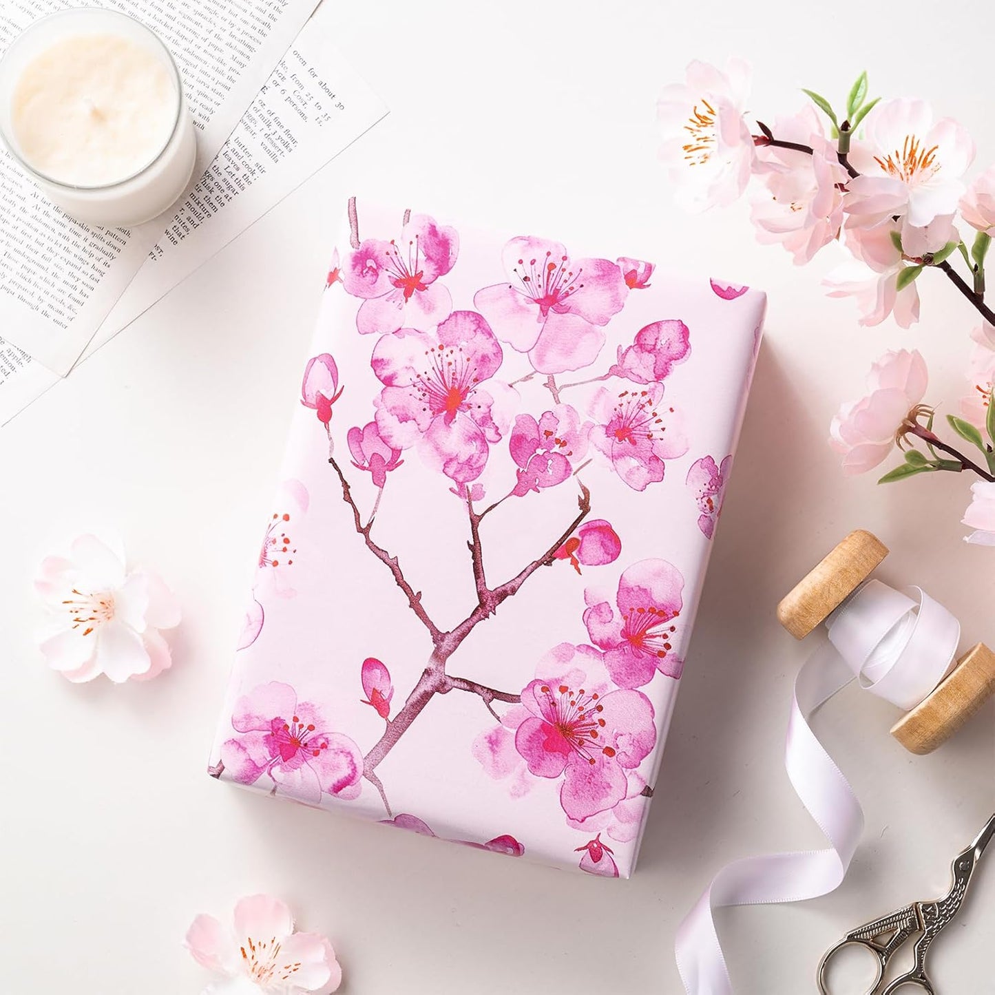 RUSPEPA Floral Wrapping Paper Roll for Women Girls, Mini Roll, Pink Sakura Cherry Blossom Flower Gift Wrap Paper Perfect for Birthday, Spring, Wedding, Bridal Shower, Mother's Day, 17 Inch x 16.4 Feet