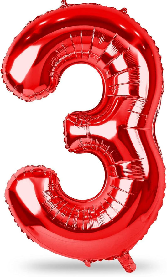 Red Number Balloons, 40 inch Large Number 3 Foil Mylar Helium Balloons for Girls Women, Self Inflating Number Balloons 0-9 for Men Boys 13th 30th Birthday Anniversary Party Celebration Decoration