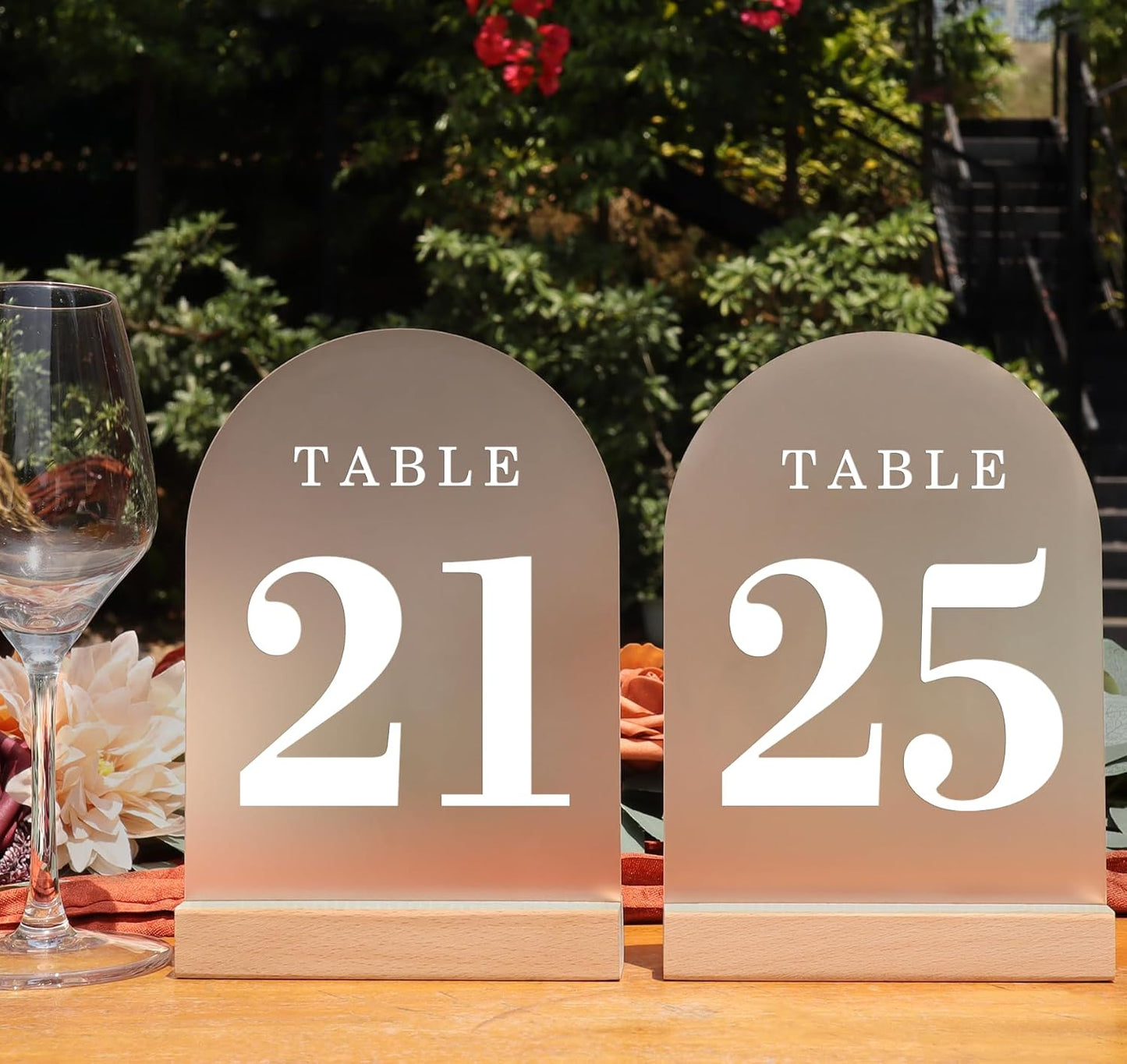 Wedding Table Numbers 21-25, Acrylic Arch Signs with Natural Wood Stands Holders, Rustic Table Decor for Reception & Parties (Frosted White)