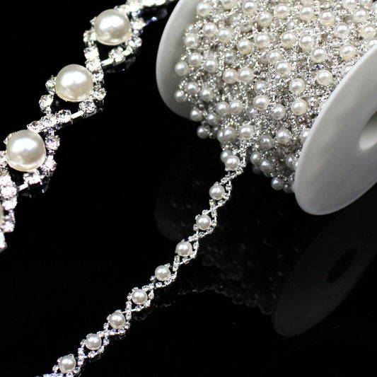 2 Yard Pearl Rhinestone Trim Chain Silver String Crystal Applique Fringe Ribbon Strips Beads Sewing Dress DIY Party Wedding Bouquet for Decoration Bridal Costume Embellishment