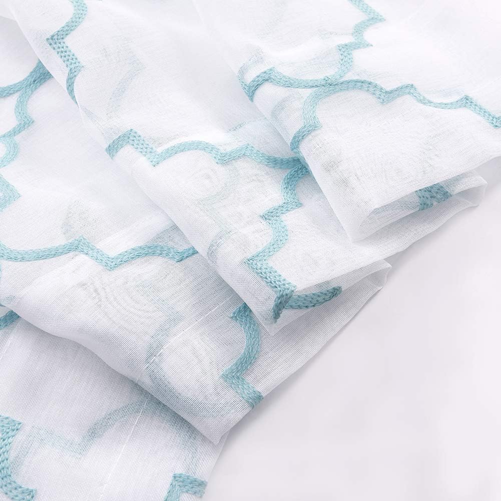 Embroidery Sheer Curtains Blue 63 Inch, Rod Pocket Voile Drapes for Living room, Bedroom, Window Treatments Moroccan Embroidery Semi Crinkle Curtain Panels for Yard, Patio, Villa, Set of 2, 52"x 63".