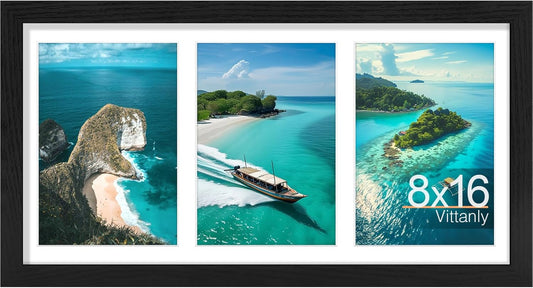 Vittanly 8x16 Collage Picture Frame, Displays 3Pcs 5x7 Pictures with Mat, Picture Frames Collage Wall Decor for Horizontal or Vertical Display, Black, 1 Pack