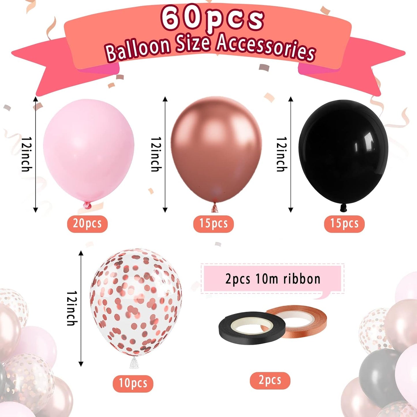 Paready Black Pink Latex Balloons, 60 Pcs 12 Inch Metallic Rose Gold and Confetti Balloons for Girls Birthday Baby Shower Engagement Anniversary Wedding Bridal Shower Party Graduation Decoration