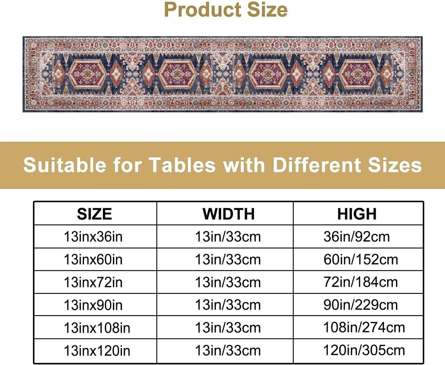 Vintage Boho Table Runner,Flower Geometric Design Rustic Farmhouse Table Runner for Home Farmhouse Kitchen Table Dining Coffee Room Garden Party Wedding Decor 13x60in