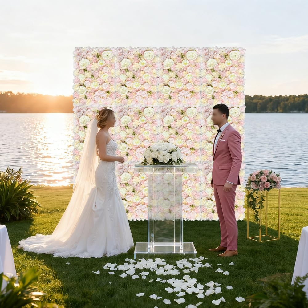 Artificial 3D Flower Wall Panel for Backdrop 24x16 inches 12 Pcs Light Pink Faux Roses Artificial Flower Backdrop for Wedding Party Bridal Baby Shower Decor