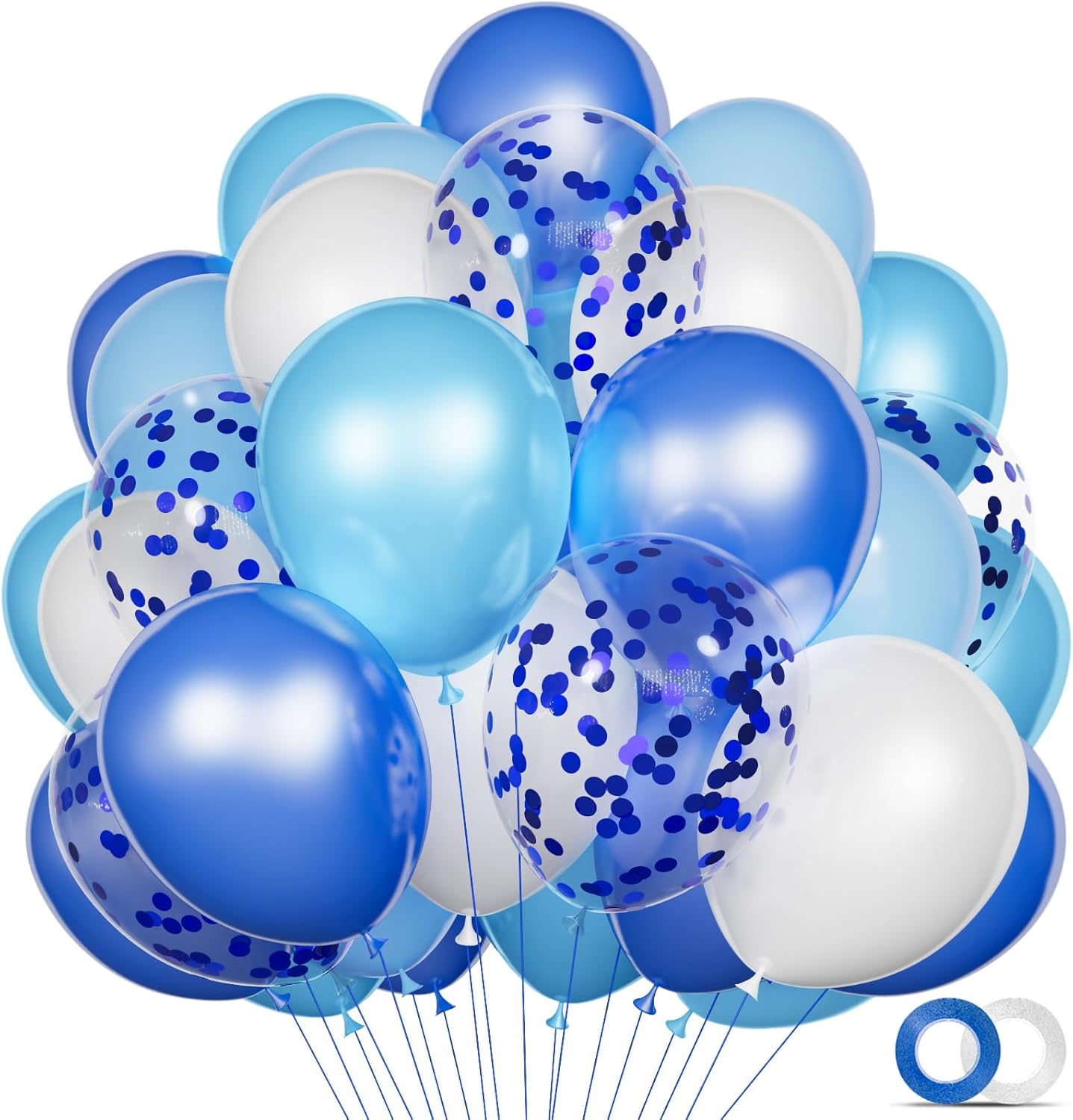 68Pcs Blue and White Balloons Kit 12 Inch, Blue Confetti Balloons Light Blue Baby Blue Pearl White Party Balloons with Ribbons for Birthday, Wedding, Baby Shower, Graduation Decorations
