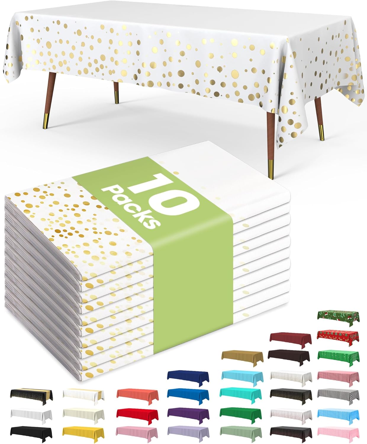 Pureegg Plastic Table Cloth Disposable 10 Pack, 54 x 108 Inch Table Cloths, Graduation Decorations Class of 2025, Graduation Tablecloths, Rectangle, Plastic Cover, Leakproof & Sturdy, White and Gold