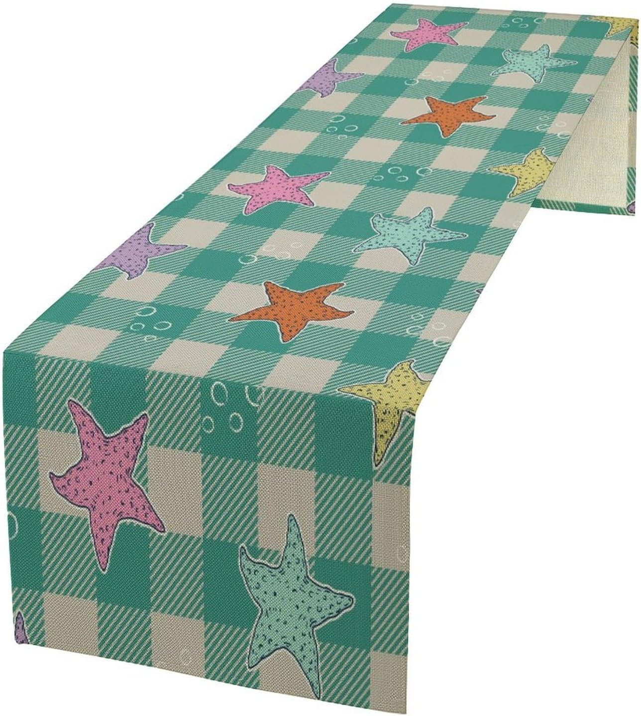 Starfish Plaid Table Flag Green Plaid and Marine Life Starfish Kitchen Table Flag Suitable for Birthday Party Restaurant Decoration Outdoor Picnic 13 * 70 Inch