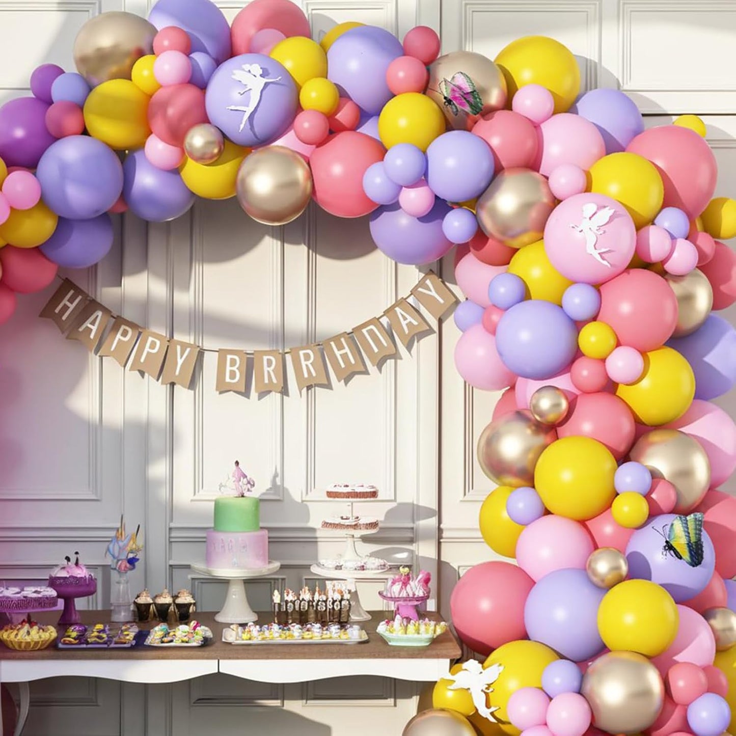 Fairy Balloon Arch Kit 107Pcs Pastel Pink Purple Balloons Garland Dusty Pink Yellow Champagne Gold Birthday Party Balloons for Girls Mushroom Butterfly Garden Wild Floral Bridal Baby Shower Decoration