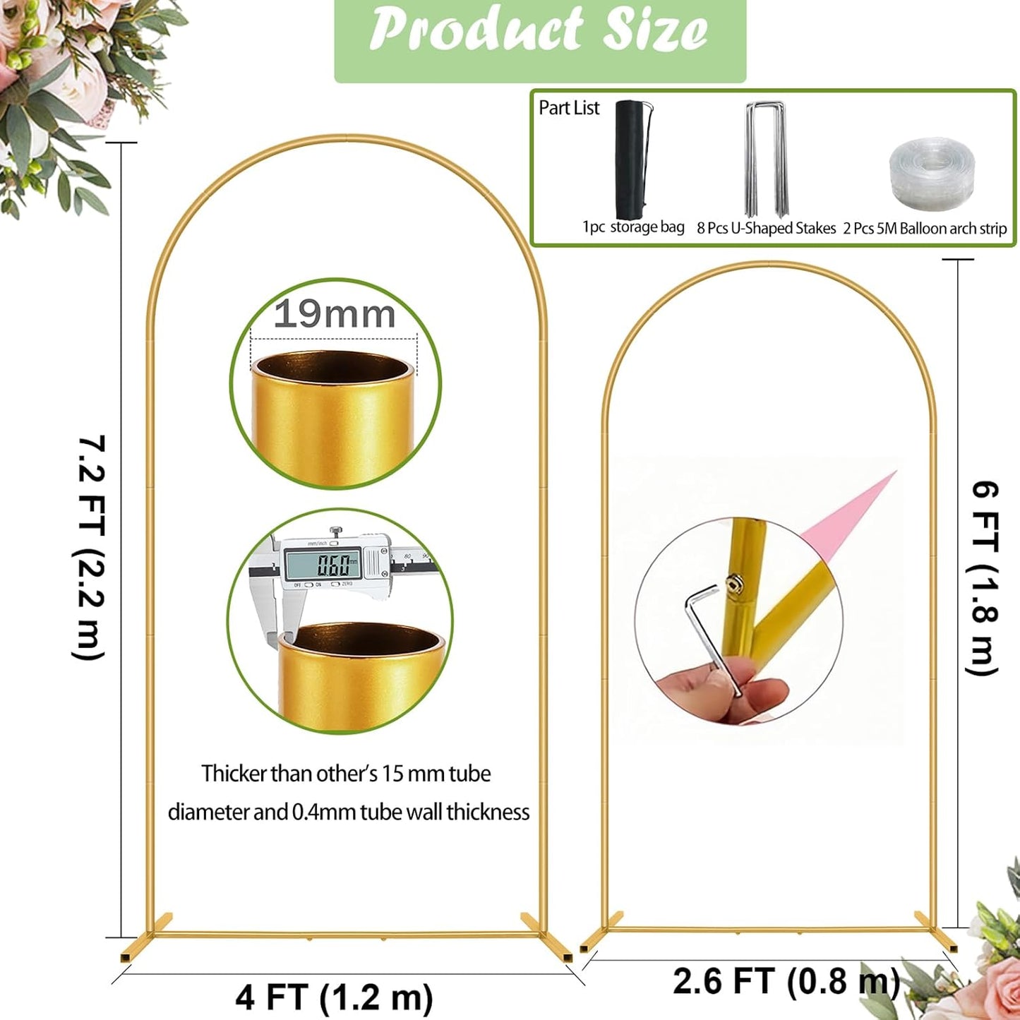 Metal Arch Backdrop Stand 7.2FT+6FT Wedding Arch Backdrop Stand Set of 2 Gold Arch Backdrop Stand for Party Wedding Ceremony Baby Shower Birthday Floral Balloon Decration