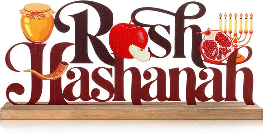 Rosh Hashanah Metal Sign Jewish New Year Table Centerpiece Tiered Tray Decor with Wooden Base Apple Pomegranate Decor for Home Tabletop Centerpiece Mantel Shelf Fireplace