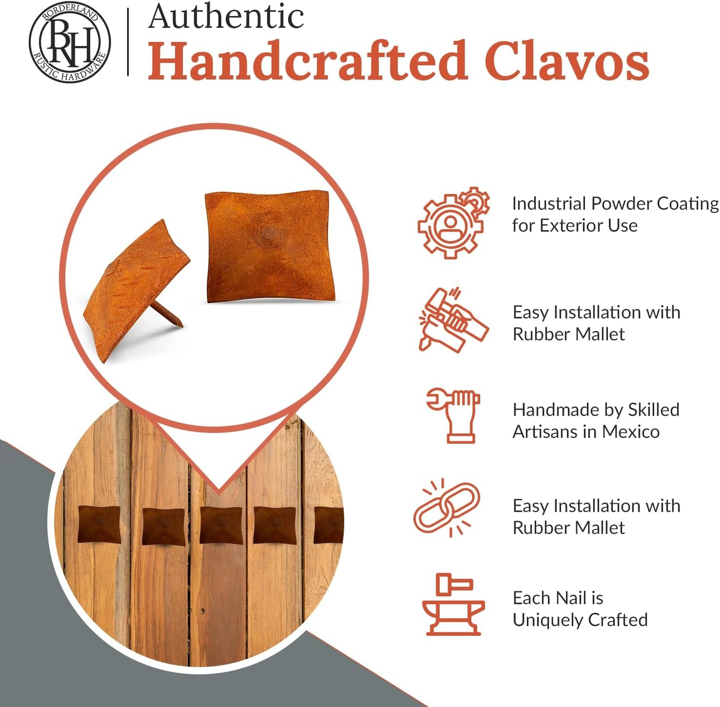 25 Pack 2" Square Head Iron Clavos Decorative Nails – Rusted – Handmade Rustic Square Fasteners for Farmhouse Shutters, Faux Wood Beams, Barn Doors, Shutters, and Gates – Ornamental Wood Accent