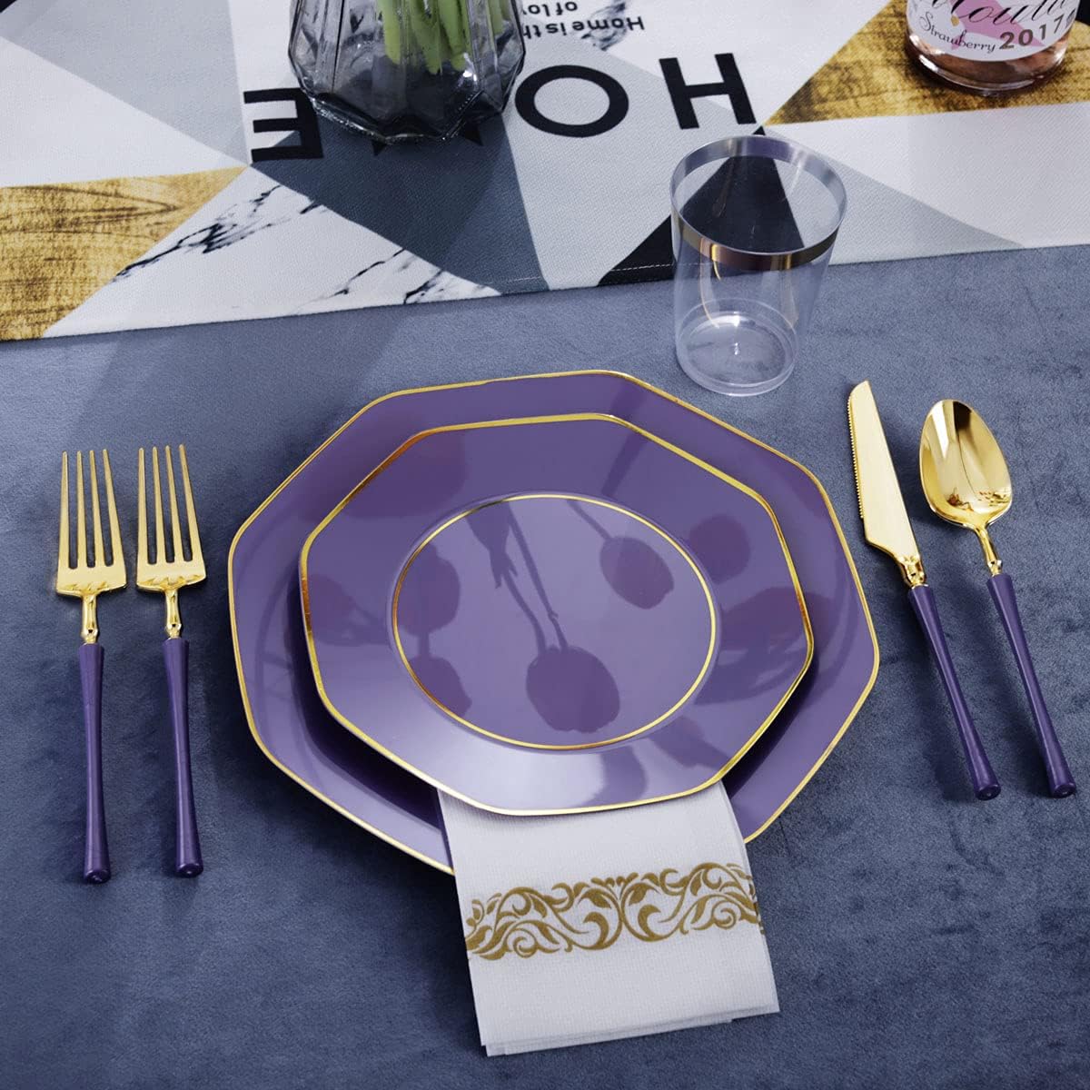 KIRE 140Pcs Purple Plastic Plates with Gold Rim& Gold Disposable Plastic Silverware with Handle&Clear Cups&Hand Napkin- Geometric Purple Plastic Plates for Parties & Mardi Gras plates