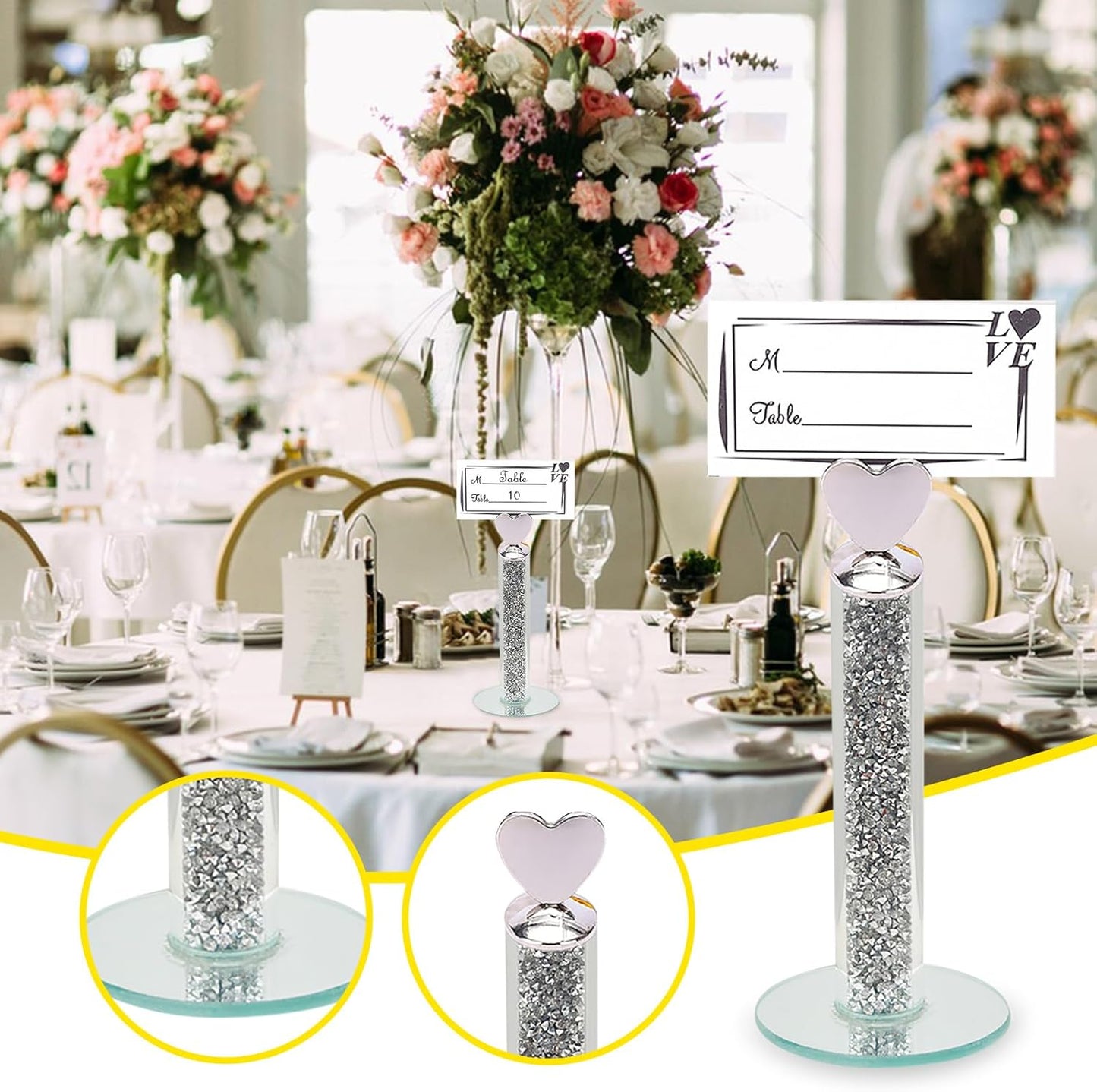 TACIDON 10Pcs Heart Table Number Holders with 10Pcs Table Numbers, Glamorous Crystal Crushed Diamond Place Card Holder, Table Card Holders for Home Wedding Dinner Party Events Decoration (Silver)