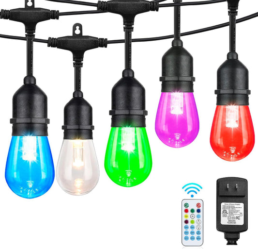 48FT RGB Outdoor String Lights, 15 Shatterproof Edison LED Bulbs, Waterproof Color Changing Patio Lights with Remote. Dimmable Decorative Lighting for Backyard, Camping.