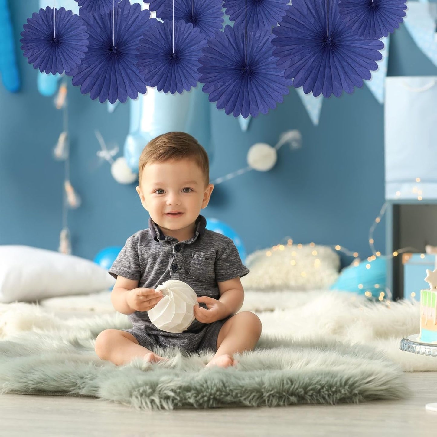 20 Pcs Blue Hanging Paper Fan, Hanging Honeycomb Round Paper Fans for Weddings, Birthdays, Christmas, Baby Showers, Classroom, Events Ceiling Party Supplies Decorations