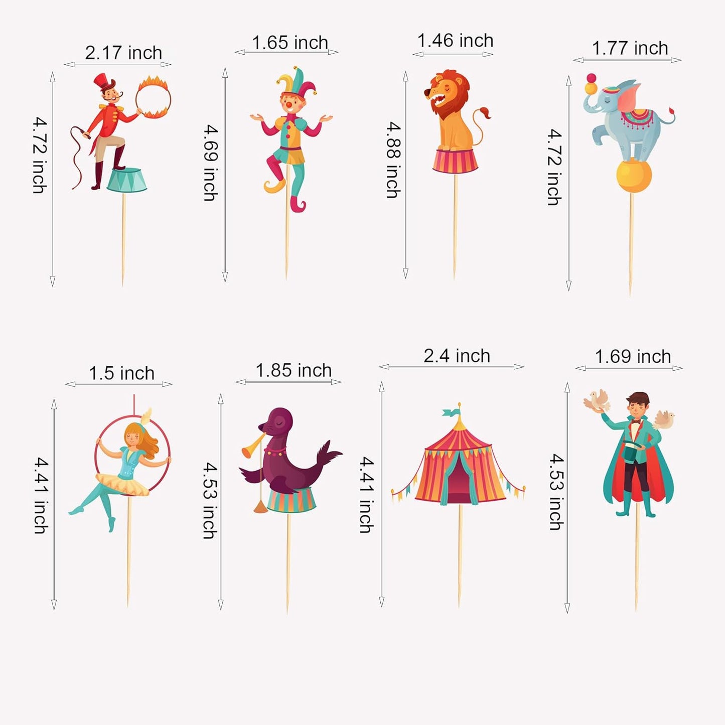 24pcs Circus Cupcake Toppers Carnival & Circus Party Decorations - Perfect for Cupcake, Cake & Baby Shower Birthday Party Supplies