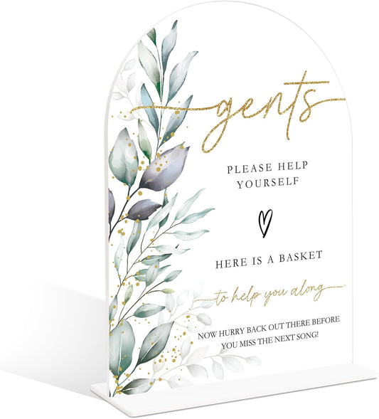 Acrylic Wedding Signs, Greenery Theme Gents Please Help Yourself Sign, Bridal Shower Table Decor with Stand, Wedding Bathroom Basket Supplies for Engagement, Anniversary, Newlywed Event and Party, 08