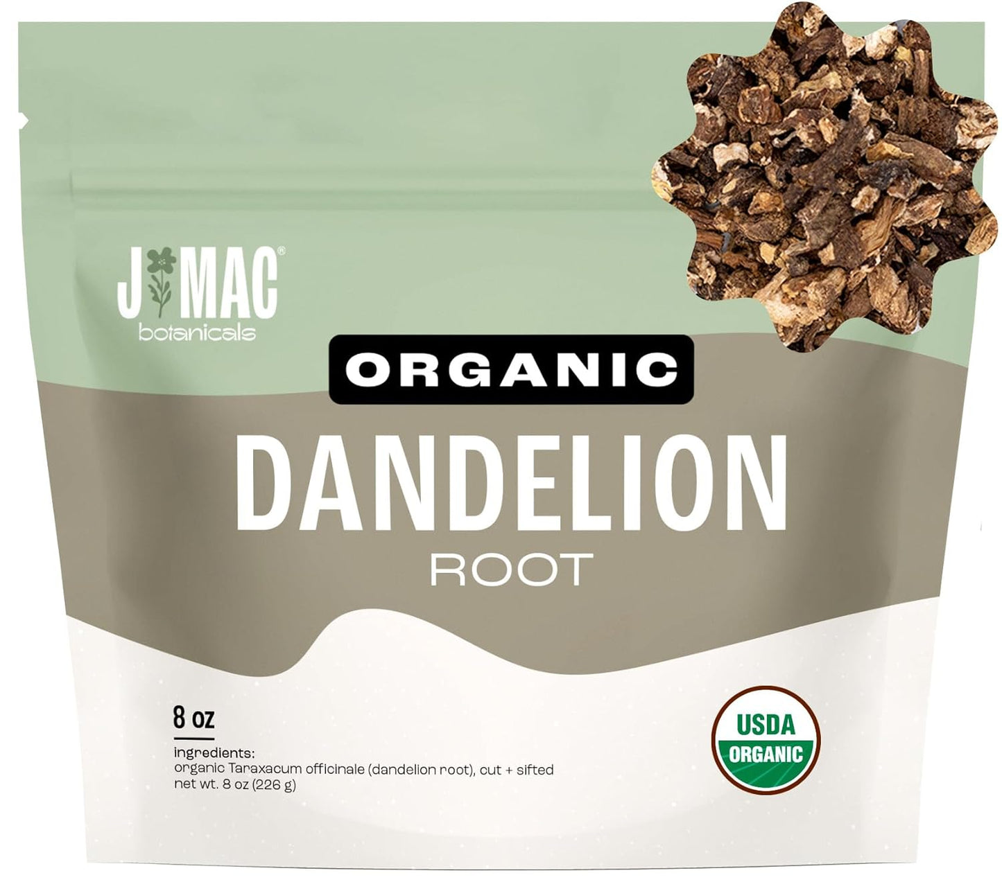 J Mac Botanicals Organic Dandelion Root (8 oz) unroasted, herb for tea and other infusions, Packaged in the USA, Certified USDA Organic