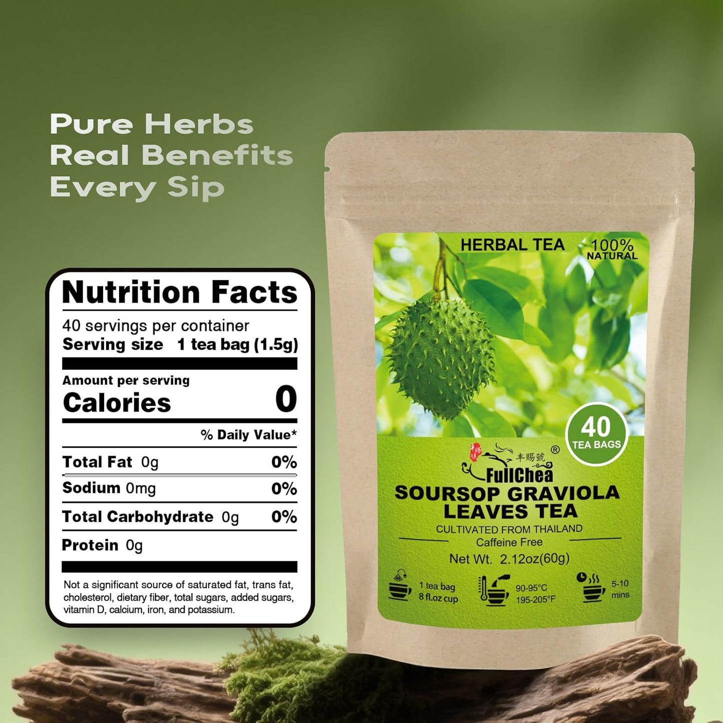 FullChea - Soursop Leaves Tea Bags, 40 Teabags - Premium Soursop Graviola Leaves - Hojas De Guanabana Tea - Non-GMO - Caffeine-free - Improve Digestion, Support Healthy Skin & Sleep