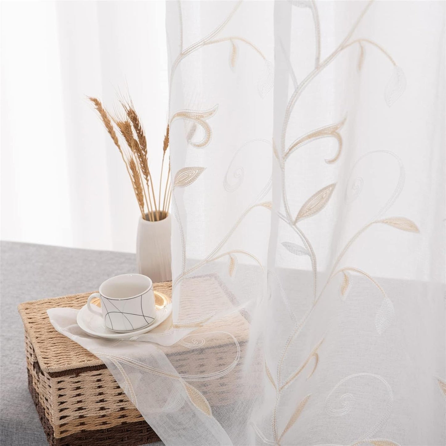 VISIONTEX Sheer Voile Curtains, Decorative Beige Leaves Embroidery Faux Linen Rod Pocket Window Drapes for Home Kitchen, Living Room and Bedroom 54 x 54 Inch, Set of 2 Curtain Panels
