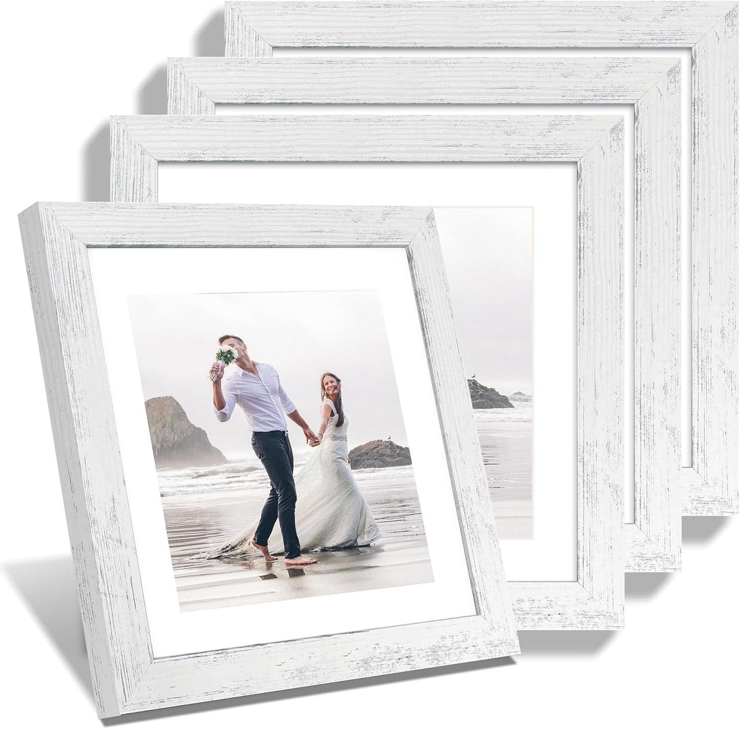 10x10 Picture Frame Set of 4 with Real Glass, Distressed White Frame Display 8x8 Pictures with Mat or 10 x 10 Without Mat, Wood Square Photo Frame for Wall Mount and Tabletop Display