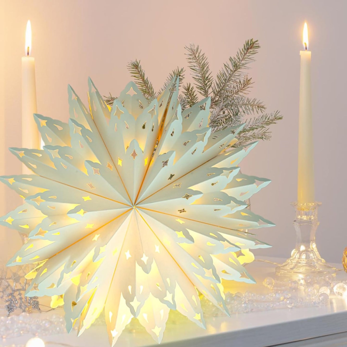 Christmas Paper Snowflake Lanterns, 2 Pack Christmas Paper Star Lantern with LED Light White Hanging Lamp Ornaments for Xmas Tree New Year Winter Frozen Weddings Birthday Holiday Party Decorations