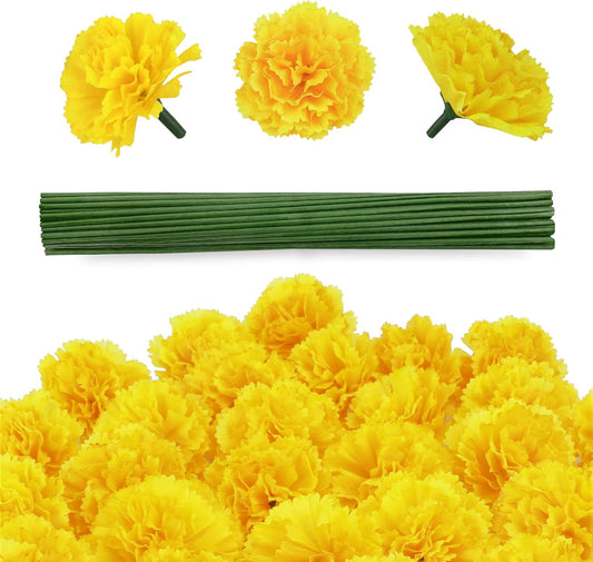30 Pcs Artificial Marigold Flowers,2" Silk Marigold Flower Heads with Stems,Yellow Flowers Artificial for Diwali Decor,Indian Wedding,Home,DIY Wreath Garland,Day of The Dead Decorations